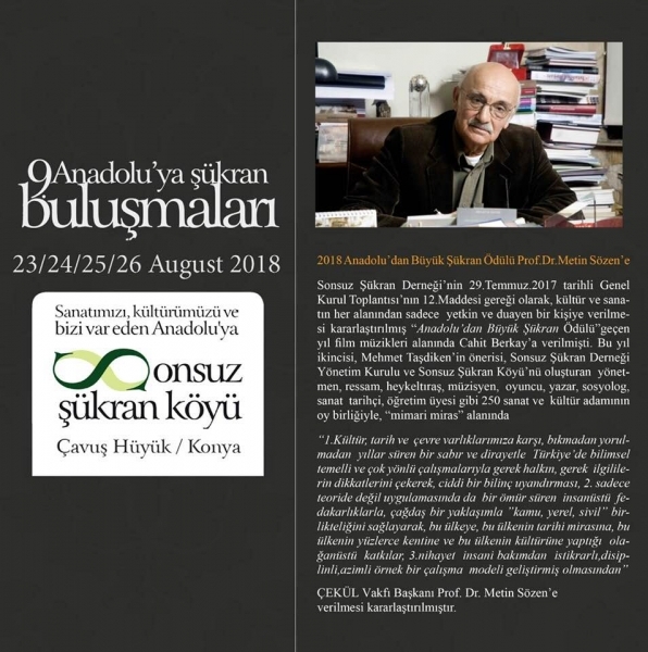 2018 Anadolu&#039;dan Büyük Şükran Ödülü Prof.Dr. Metin Sözen&#039;e